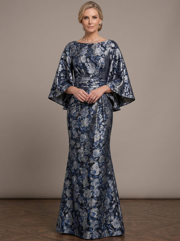 Jacquard Mermaid Boat Neck Maxi Mother of the Bride Dresses with Wide Defined Waistband