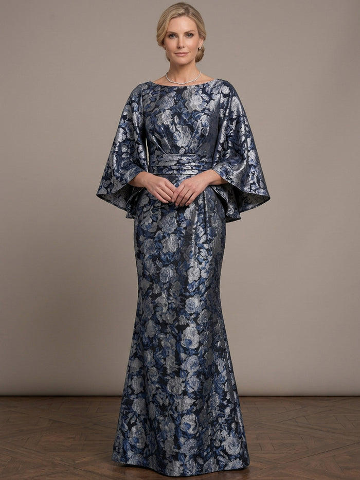Jacquard Mermaid Boat Neck Maxi Mother of the Bride Dresses with Wide Defined Waistband