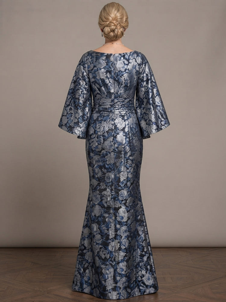 Jacquard Mermaid Boat Neck Maxi Mother of the Bride Dresses with Wide Defined Waistband