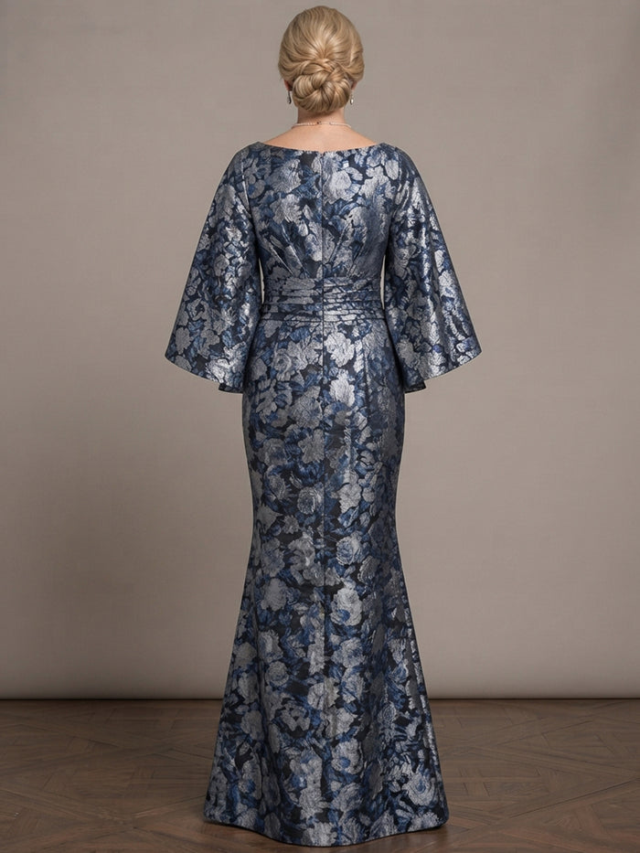 Jacquard Mermaid Boat Neck Maxi Mother of the Bride Dresses with Wide Defined Waistband