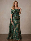 Jacquard Mermaid Off Shoulder Maxi Mother of the Bride Dresses with Draped Side Sash