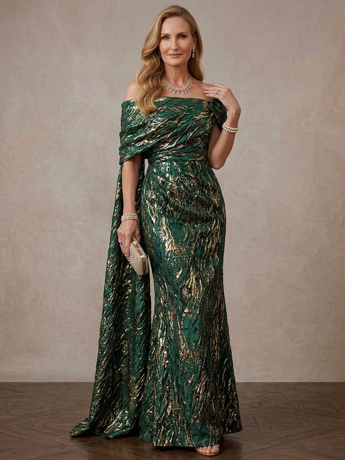 Jacquard Mermaid Off Shoulder Maxi Mother of the Bride Dresses with Draped Side Sash