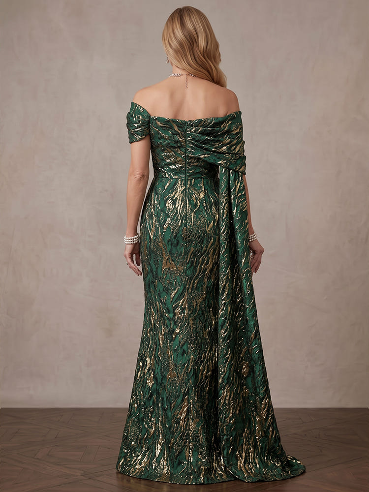 Jacquard Mermaid Off Shoulder Maxi Mother of the Bride Dresses with Draped Side Sash