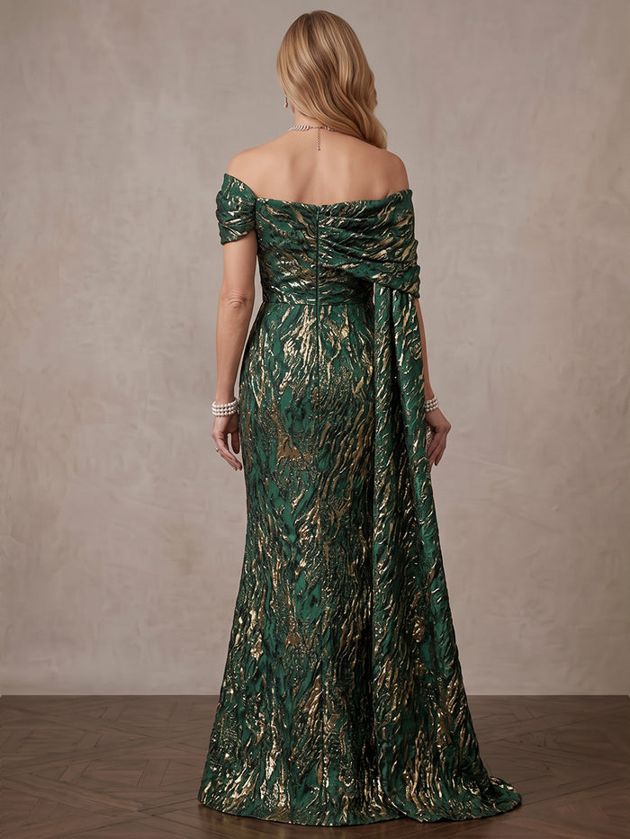 Jacquard Mermaid Off Shoulder Maxi Mother of the Bride Dresses with Draped Side Sash