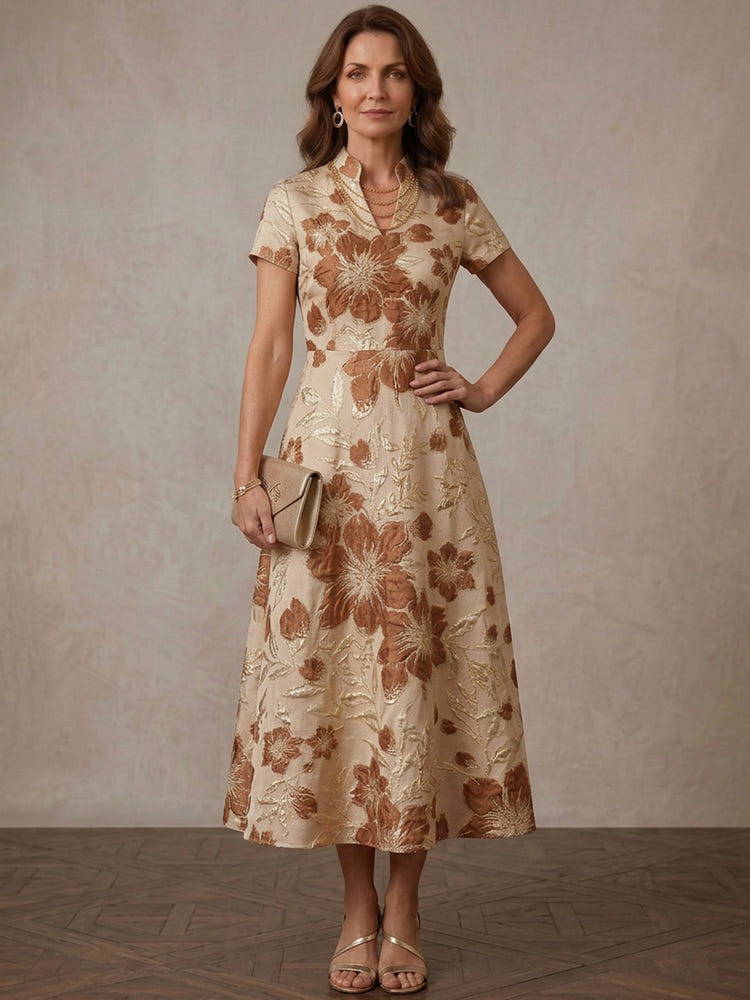 Jacquard A-Line Stand Collar Midi Mother of the Bride Dresses with Floral