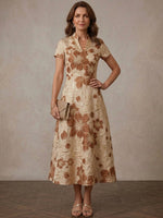 Jacquard A-Line Stand Collar Midi Mother of the Bride Dresses with Floral