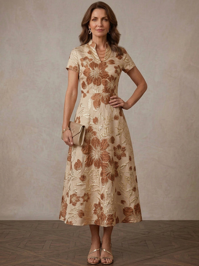 Jacquard A-Line Stand Collar Midi Mother of the Bride Dresses with Floral