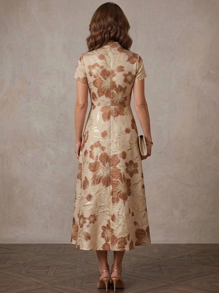 Jacquard A-Line Stand Collar Midi Mother of the Bride Dresses with Floral