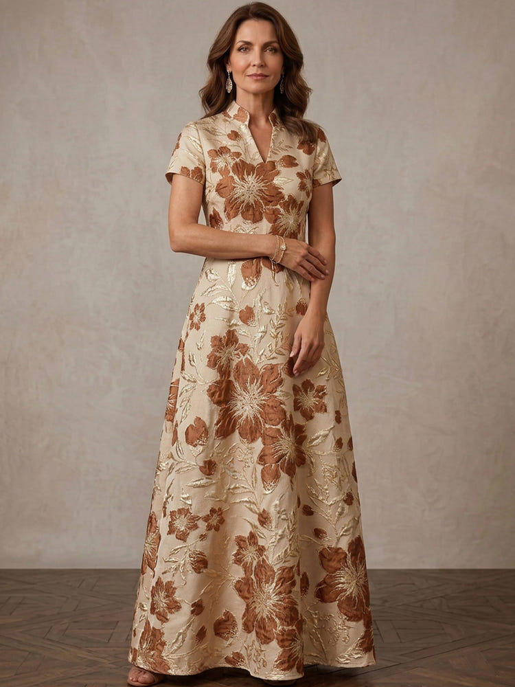 Jacquard A-Line Stand Collar Maxi Mother of the Bride Dresses with Floral