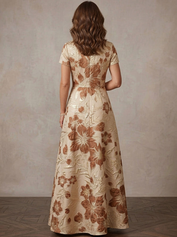 Jacquard A-Line Stand Collar Maxi Mother of the Bride Dresses with Floral
