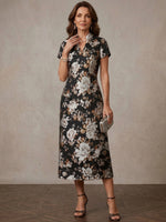 Jacquard A-Line Stand Collar Midi Mother of the Bride Dresses with Floral