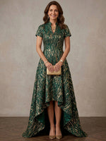 Jacquard A-Line Stand Collar Maxi Mother of the Bride Dresses with Gold Foil Print