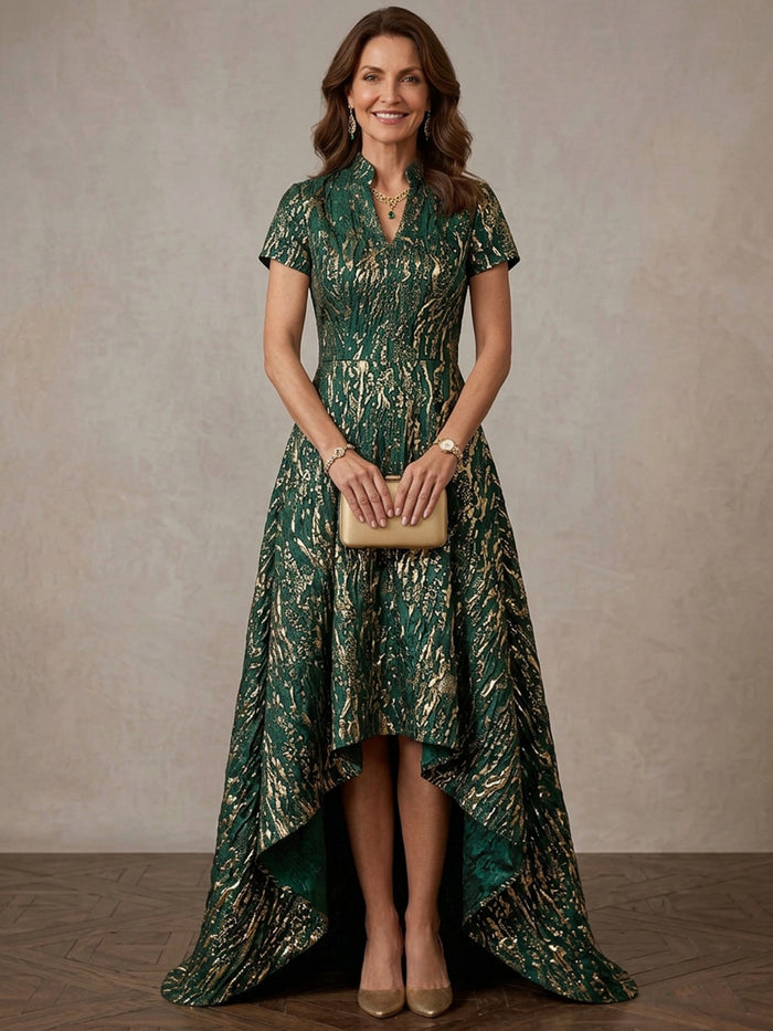 Jacquard A-Line Stand Collar Maxi Mother of the Bride Dresses with Gold Foil Print