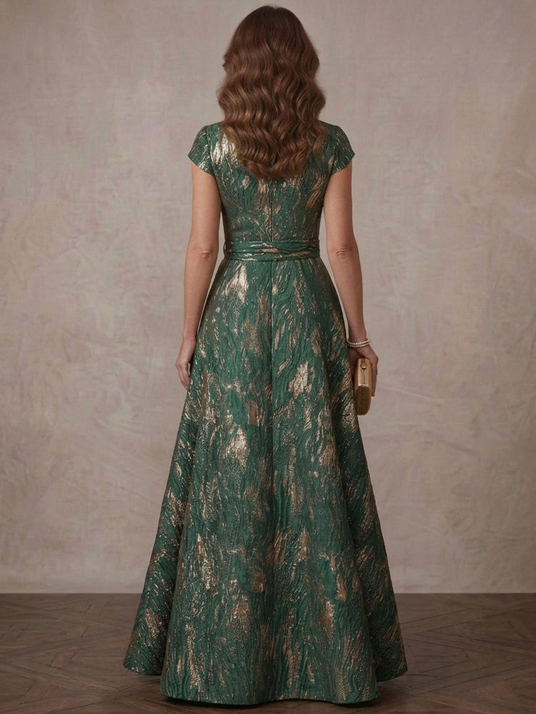 Jacquard A-Line Stand Collar Maxi Mother of the Bride Dresses with Gold Foil Print