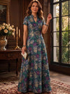 Jacquard A-Line Stand Collar Maxi Mother of the Bride Dresses with Floral