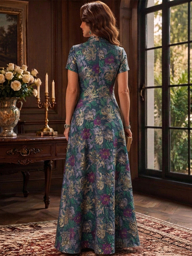 Jacquard A-Line Stand Collar Maxi Mother of the Bride Dresses with Floral