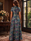 Jacquard A-Line Stand Collar Maxi Mother of the Bride Dresses with Floral