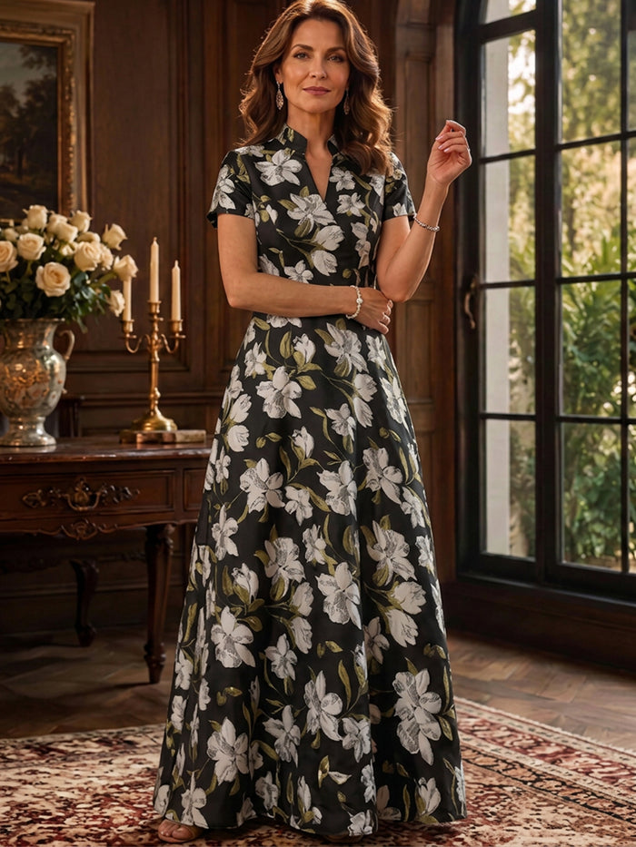 Jacquard A-Line Stand Collar Maxi Mother of the Bride Dresses with Floral