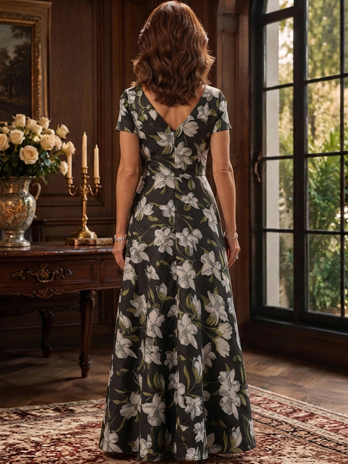Jacquard A-Line Stand Collar Maxi Mother of the Bride Dresses with Floral