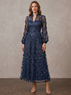 Tulle A-Line Stand Collar Midi Mother of the Bride Dresses with 3D Flowers