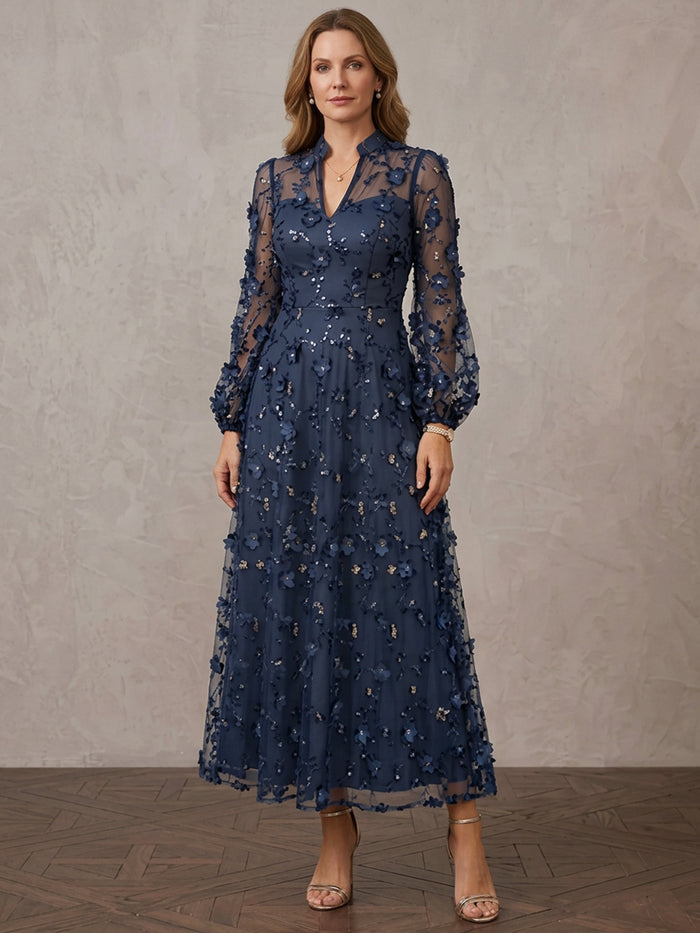 Tulle A-Line Stand Collar Midi Mother of the Bride Dresses with 3D Flowers