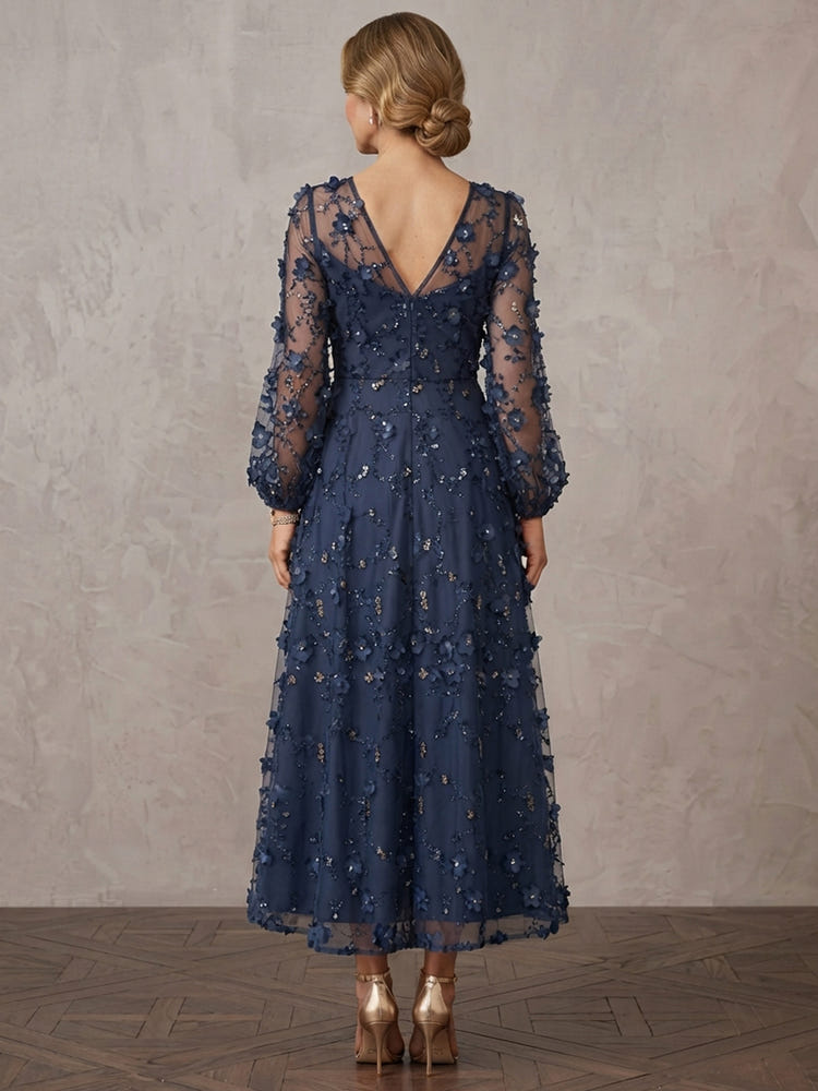 Tulle A-Line Stand Collar Midi Mother of the Bride Dresses with 3D Flowers