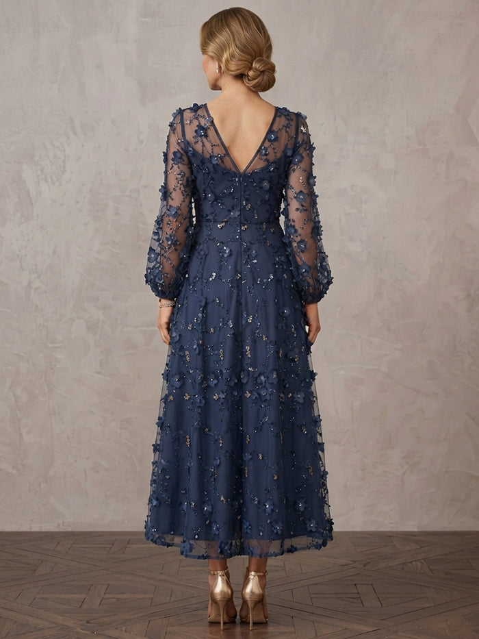 Tulle A-Line Stand Collar Midi Mother of the Bride Dresses with 3D Flowers