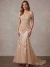 Organza Mermaid Off Shoulder Maxi Mother of the Bride Dresses with Floral Lace Applique