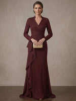 Shimmering Mermaid Stand Collar Maxi Mother of the Bride Dresses with Ruffles
