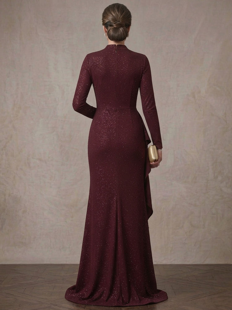 Shimmering Mermaid Stand Collar Maxi Mother of the Bride Dresses with Ruffles