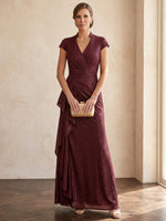 Shimmering A-Line Stand Collar Maxi Mother of the Bride Dresses with Ruffles