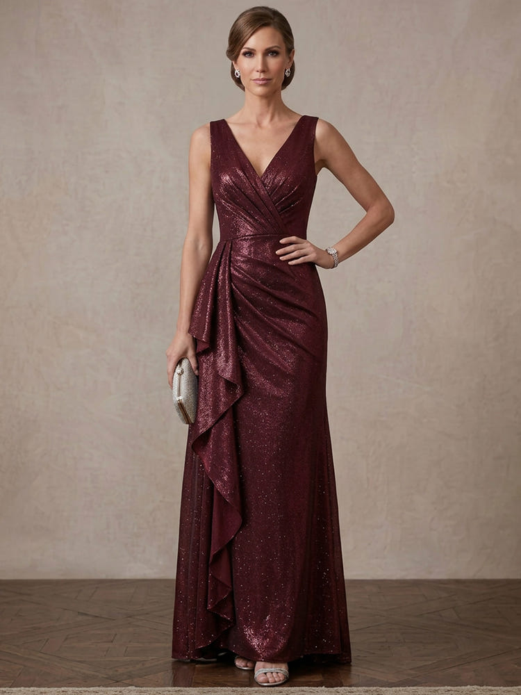 Shimmering Mermaid V Neck Maxi Mother of the Bride Dresses with Ruffles