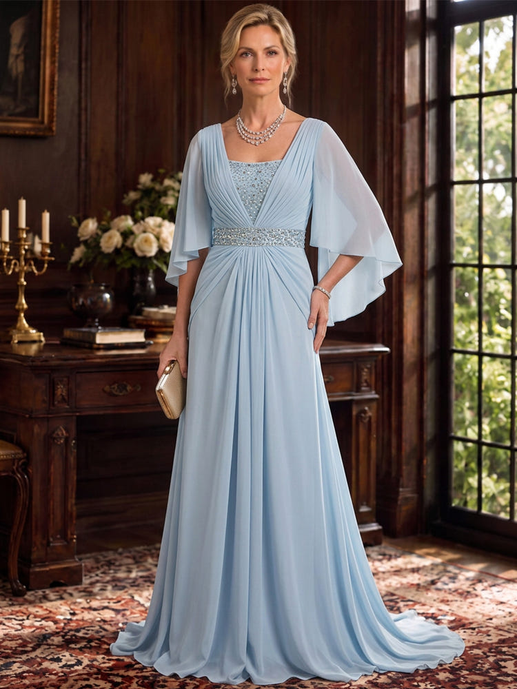 Chiffon A-Line Square Neck Maxi Mother of the Bride Dresses with Beaded