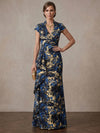 Jacquard A-Line Stand Collar Maxi Mother of the Bride Dresses with Ruffles