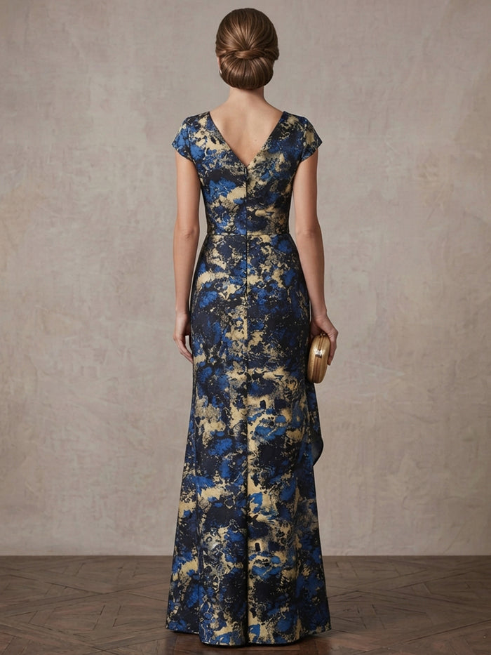 Jacquard A-Line Stand Collar Maxi Mother of the Bride Dresses with Ruffles