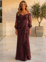 Shimmering A-Line Off Shoulder Maxi Mother of the Bride Dresses with Ruffles
