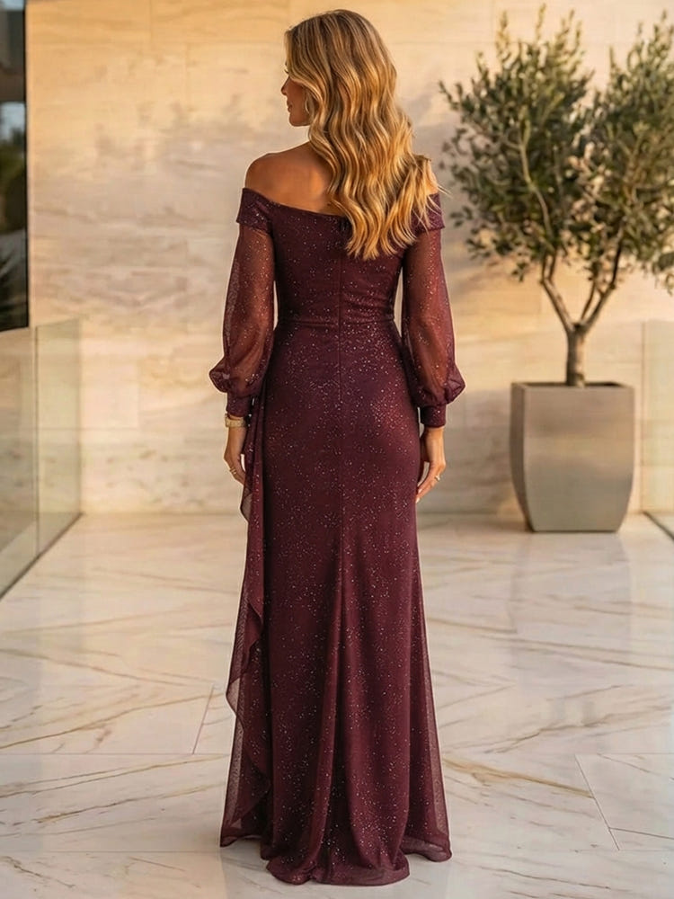 Shimmering A-Line Off Shoulder Maxi Mother of the Bride Dresses with Ruffles