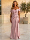 Shimmering A-Line Off Shoulder Maxi Mother of the Bride Dresses with Pleated