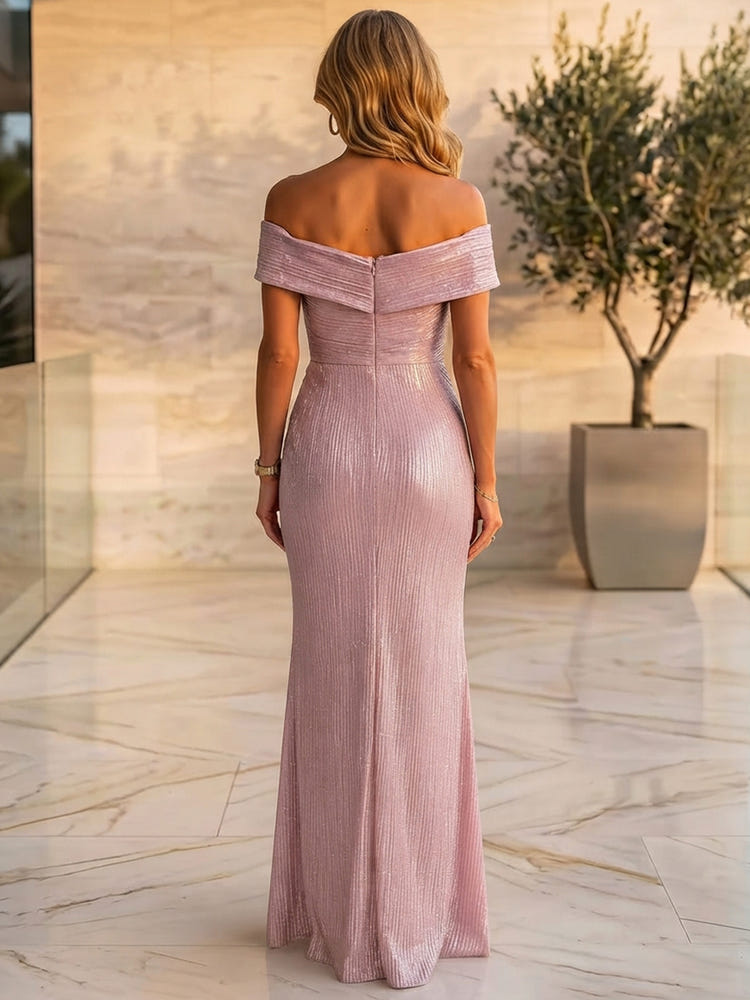 Shimmering A-Line Off Shoulder Maxi Mother of the Bride Dresses with Pleated