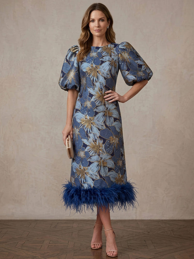 Jacquard A-Line Crew Neck Midi Mother of the Bride Dresses with Natural Feather Fringe Hem
