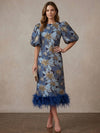 Jacquard A-Line Crew Neck Midi Mother of the Bride Dresses with Natural Feather Fringe Hem