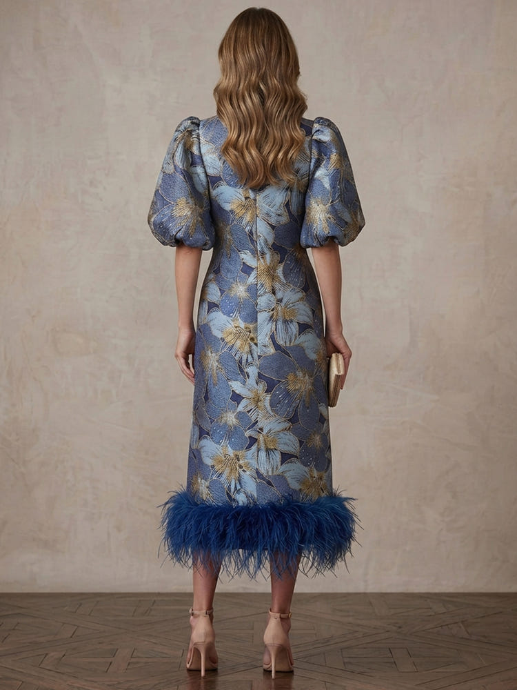 Jacquard A-Line Crew Neck Midi Mother of the Bride Dresses with Natural Feather Fringe Hem