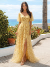 A Line V Neck Sequin Tulle Formal Dresses with Slit Long Evening Dresses with Lace Appliques