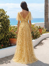 A Line V Neck Sequin Tulle Formal Dresses with Slit Long Evening Dresses with Lace Appliques