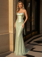 Strapless Satin Sequin Mermaid Long Formal Dresses