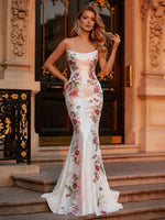 Sequin Mermaid Strapless Evening Dresses with Floral Embroidery