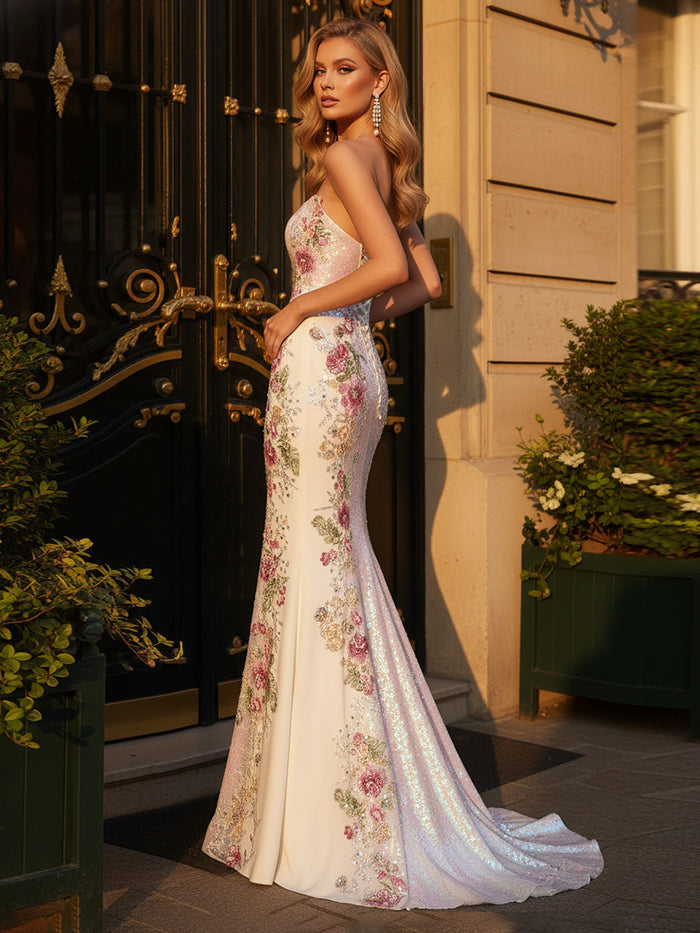 Sequin Mermaid Strapless Prom Dresses with Floral Embroidery