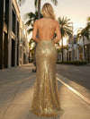 Halter Sequin Shimmering Mermaid Long Evening Dresses with Pleats