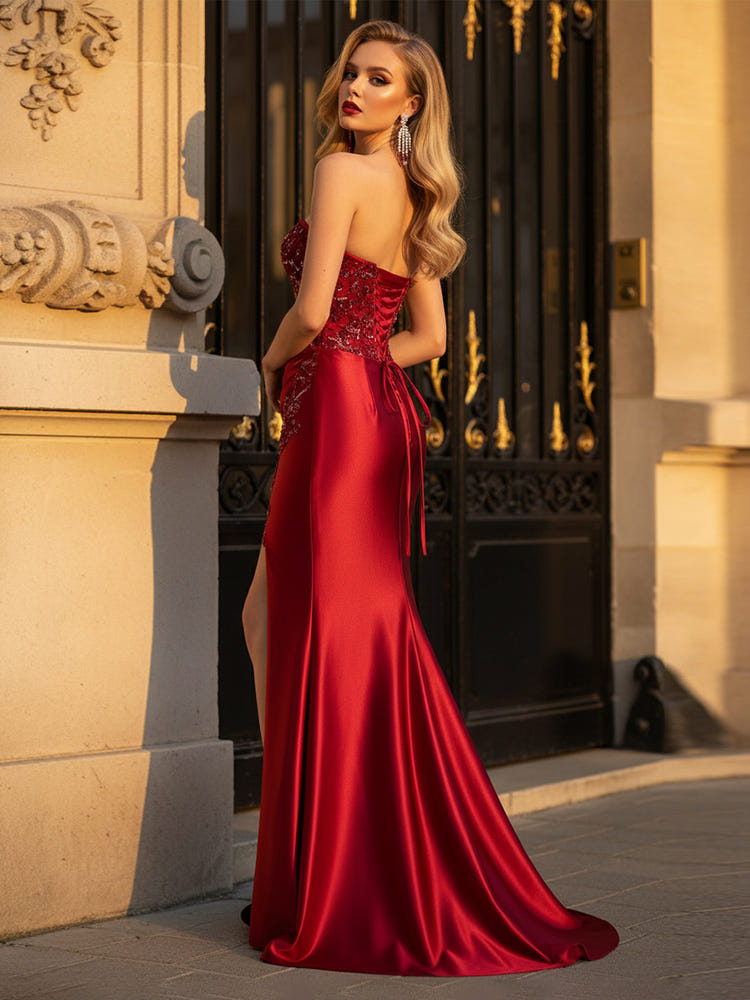 Strapless Sequin Satin Mermaid Evening Dresses with Slit