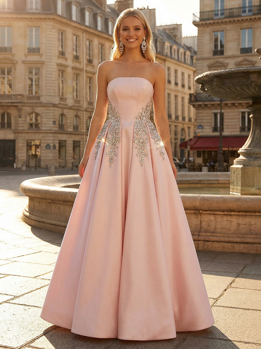 Strapless Glitter Beaded Satin A Line Prom Dress